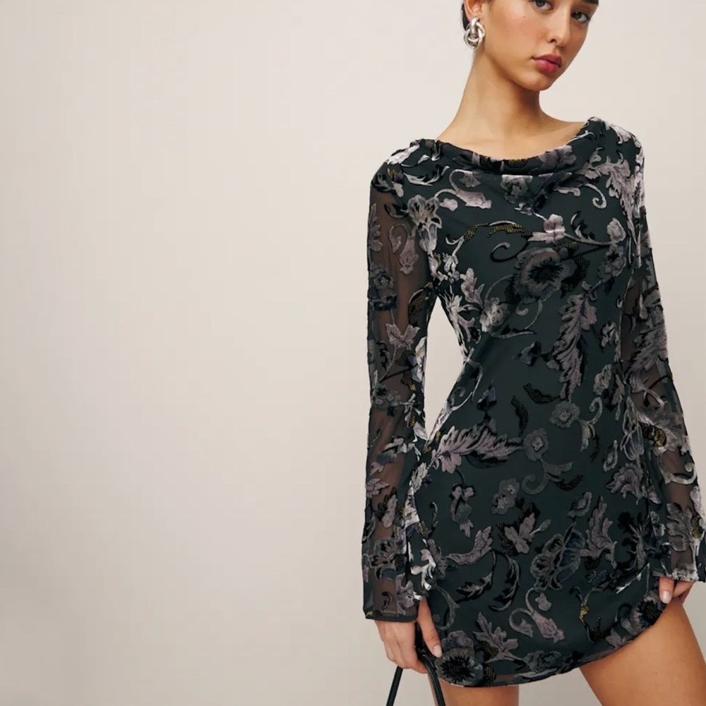 Reformation Black and Gray Floral Long Sleeve Dress